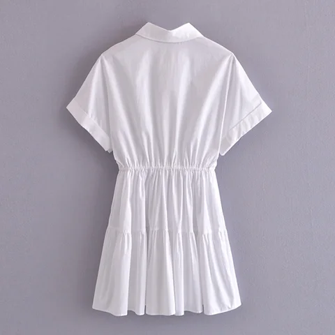 Однотонное повседневное летнее платье-рубашка, женское офисное Хлопковое платье с отложным воротником, платья с коротким рукавом и бантом на резинке на талии