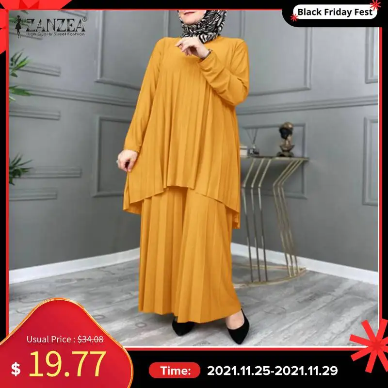 

ZANZEA Women Muslim Sets Islamic Clothing Plain Suits Morocco Turkish Pleated Full Sleeve Tops Wide Legs Long Pants Oversized