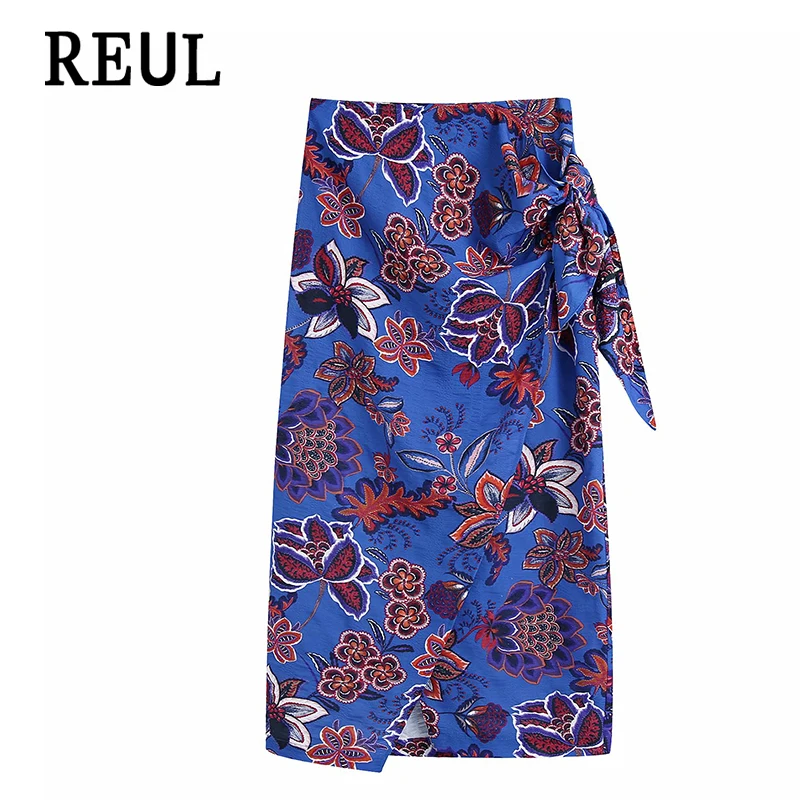 

Женская Асимметричная Юбка-миди REUL Za, винтажная синяя юбка с запахом и узлом, с высокой талией, 2021