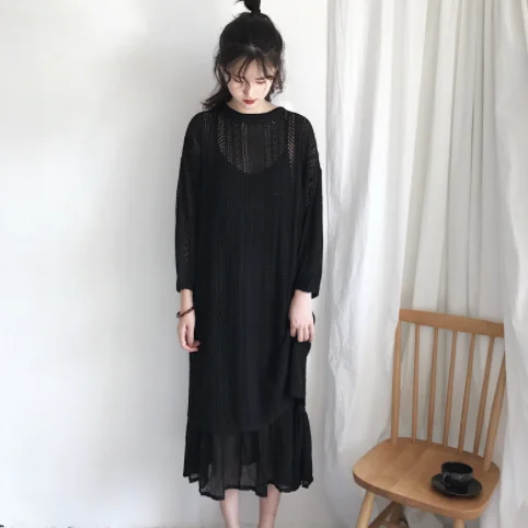 Новинка 2020 женское вязанное платье с дырочками черный и бежевый цвета женские