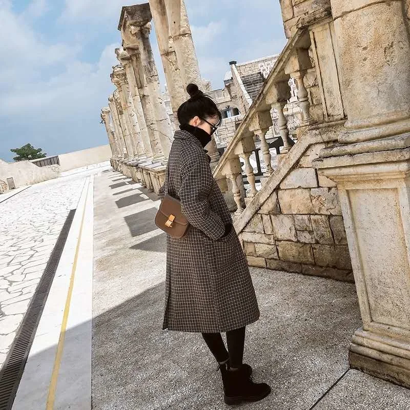 

CMAZ Woolen Coat for Women Autumn and Winter 2021new Hong Kong Style Retro Chic Suit Collar Mid-Length Houndstooth Coat Fashion