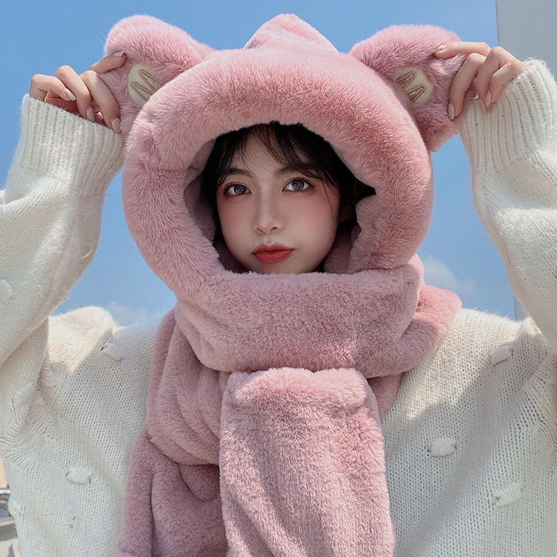 

Bear hat female autumn and winter winter net plush biocar metropolitan gloves in one warm wild