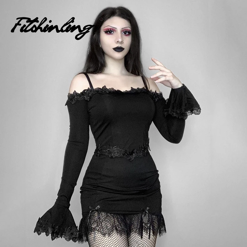 

Fitshinling Goth Dress Camis Edible Tree Fungus Gothic Elegant Lace Off Shoulder Dresses Sashes Petal Sleeve Vestido Dark Punk
