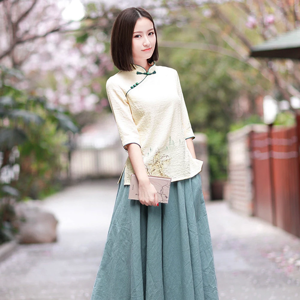 

Women Retro Cheongsam Hanfu Oriental Clothing Set Chinese Style Qipao Tops Skirts Fashion Lady Elegant Dress Zen Tea Tang Suit