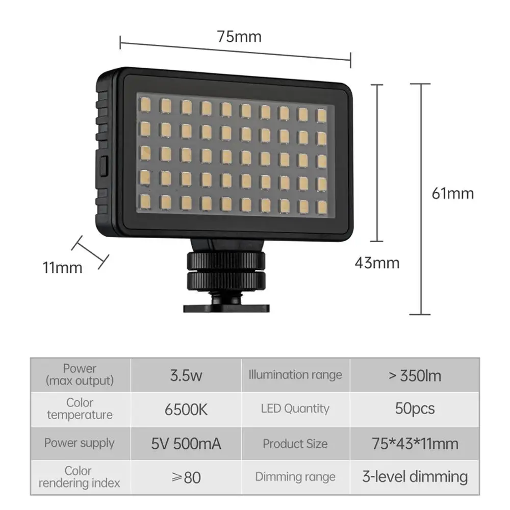 Мини-светодиодсветильник лампа для видеосъемки встроенный аккумулятор 6500K