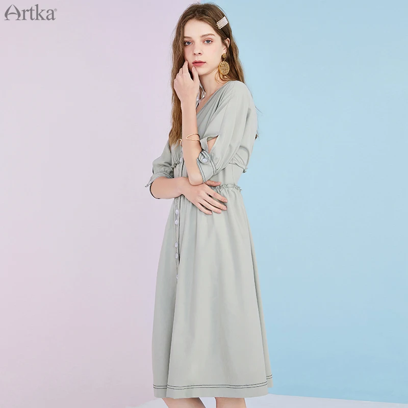 Платье ARTKA женское с V-образным вырезом элегантное французское однобортное