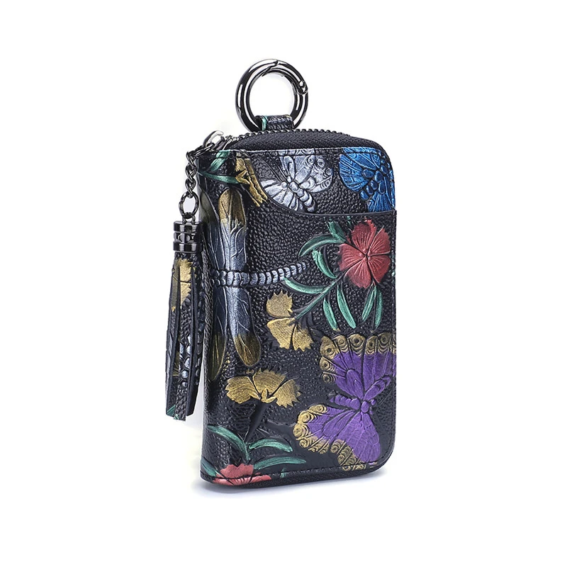 Кошелек для ключей из натуральной кожи с цветами Женский держатель кошелек на