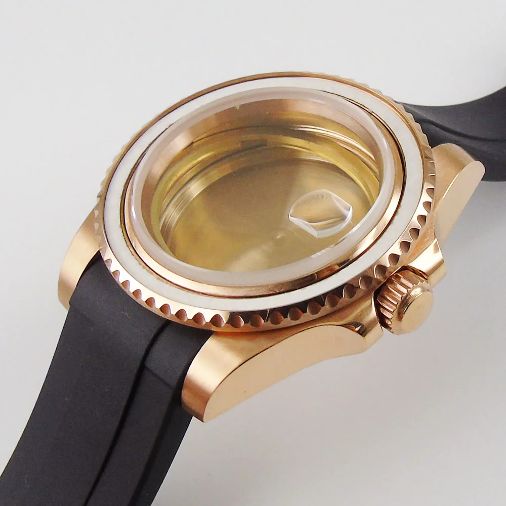 40MM Accessories Parts Rose Gold Plated Sapphire Glass Rotating Bezel Rubber Strap Watch Case Fit NH35 NH36 Movement