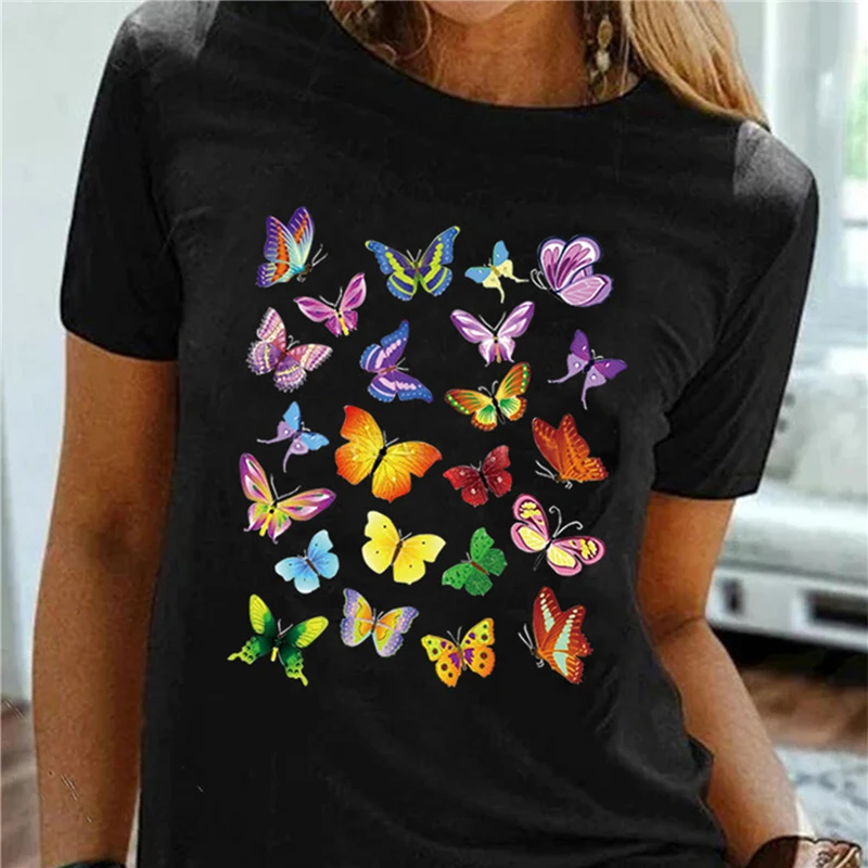 

Women Short Sleeve Tee Shirt Ladies Harajuku Tops Trendy Round Neck Casual Female T-shirts Color Monarch Butterfly Print T-shirt
