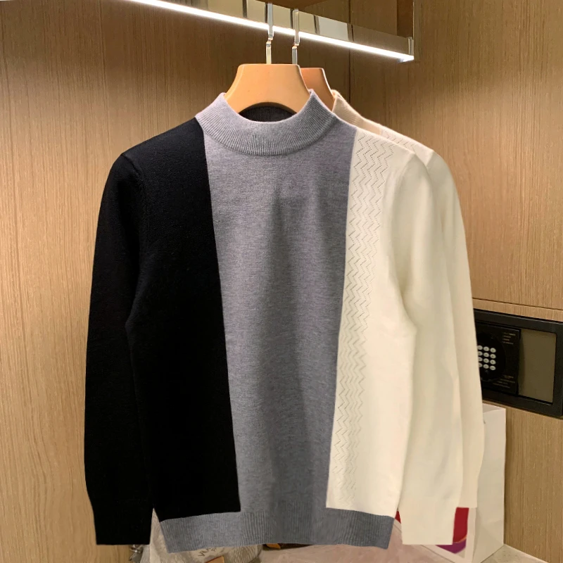 

2022 Men Autumn Winter Fashion Long Sleeve Sweater Tops Male Patchwork Loose Pullovers Men Mock Neck Warm Knitwear Tops W987
