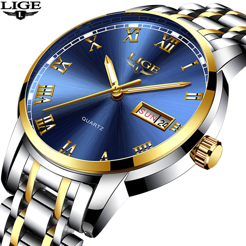 LIGE мужские часы из нержавеющей стали 2019 роскошные брендовые золотые кварцевые