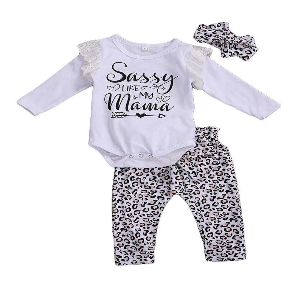 

0-6Months Newborn Long Sleeve Romper+Pants+Hairband Leopard Print Sassy Letter Ruffle Lace Baby Autumn Spring Clothing