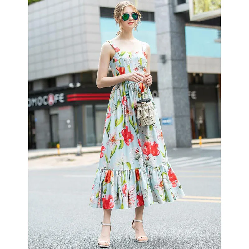 Women Runway Dress 2020 High Quality Summer Sleeveless Floral Printed Spaghetti Strap Dress Casual Dresses  NP1072N