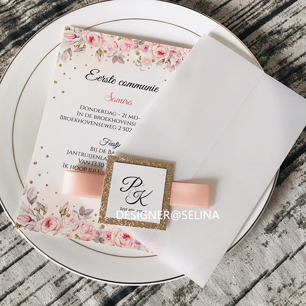 Элегантные свадебные приглашения из бархата с блестками розового золота печатью