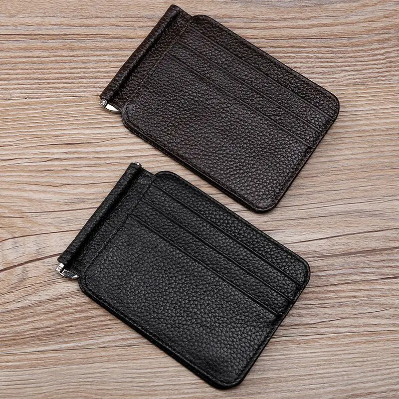 

Genuine Cow Leather Bank Card Holder Men Metal Business Multi-Function Dollar Card Holder Ultra-Thin Wallet