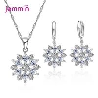 new design 925 sterling silver hoop earrings necklace jewelry set cubic zircon crystal flower pendant for women wedding gift
