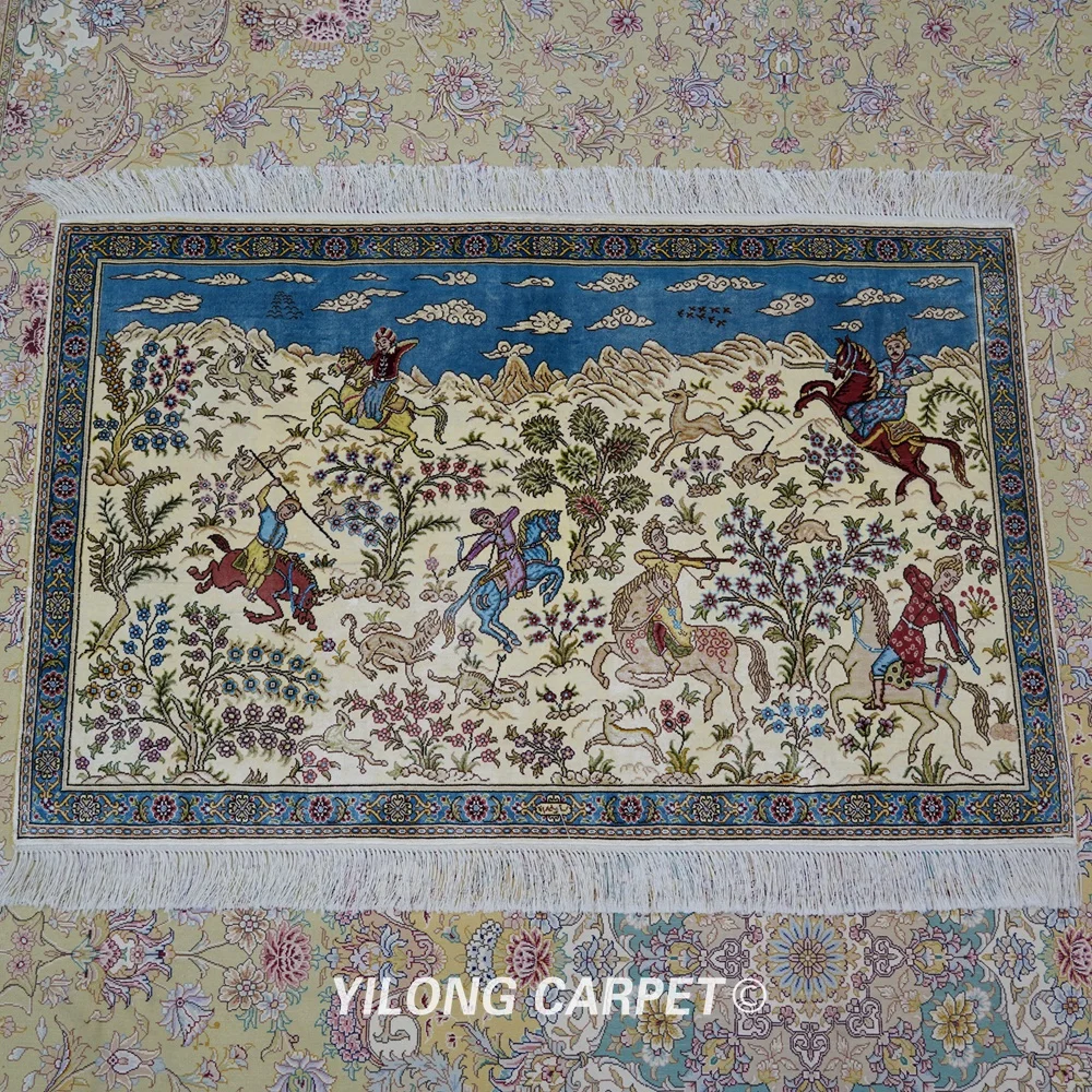 Yilong 2 5 'x 4' Восточный шелковый ковер охотничий дизайн изысканный персидский с