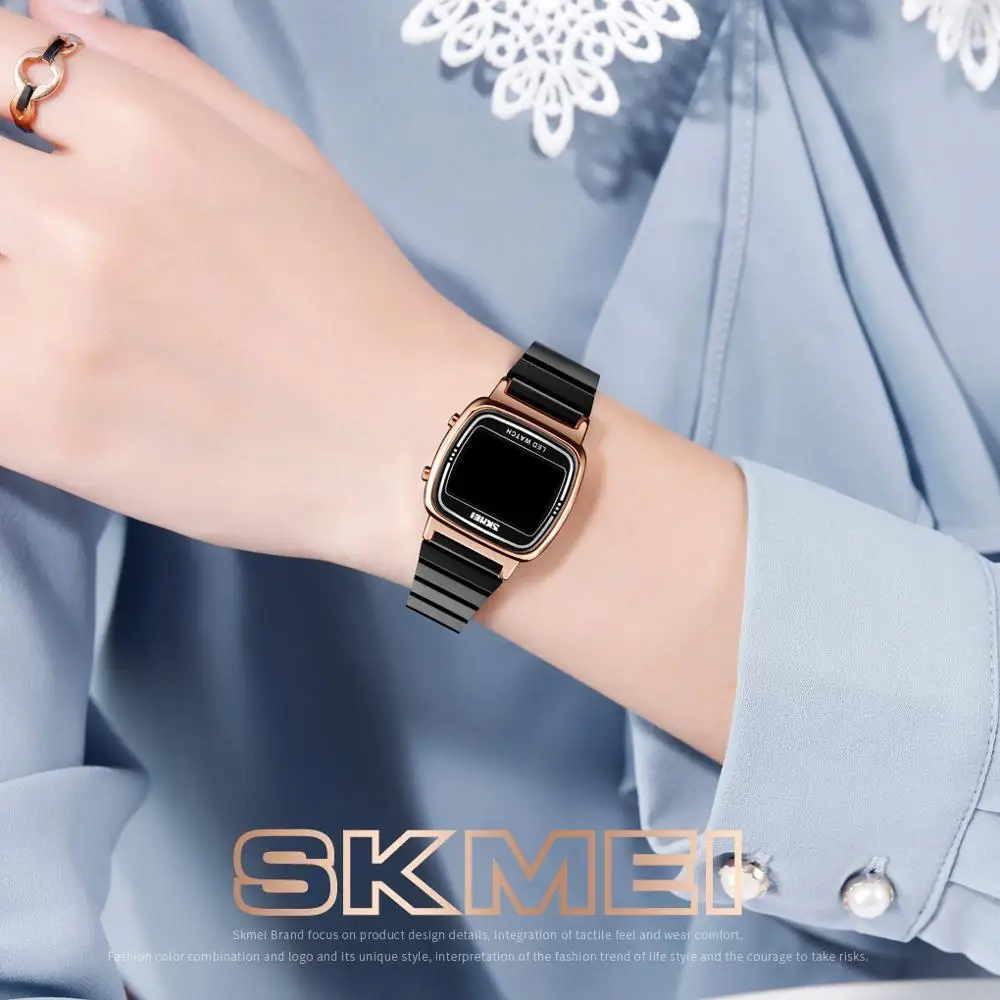 SKMEI Ultra Thin Luxury Women's Silver Stainless Steel Watches Women Fashion LED Digital Dress Business Wrist watch Reloj Mujer