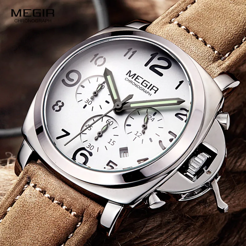 Megir Мужские Хронограф светящийся кварцевые часы с календарем Дата Круглый