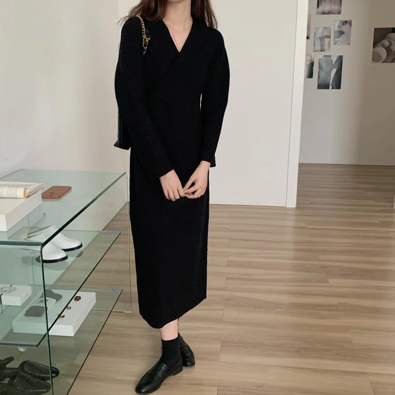

Alien Kitty Elegance Solid V-neck Knit Long Autumn 2020 Sweet Loose Leisure A-Line Women All Match Stylish Ankle-Length Dress