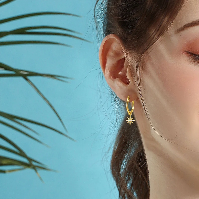 E Золотой Цвет Huggie серьги в виде колец с рисунками Луны звезд падающих крестик Love