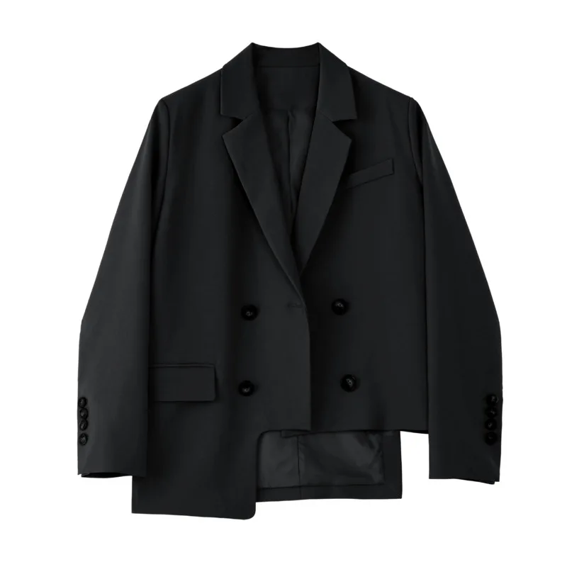 

SHENGPALAE модный коричневый блейзер для женщин, осень 2021, новый свободный двубортный пиджак с длинным рукавом и асимметричным подолом