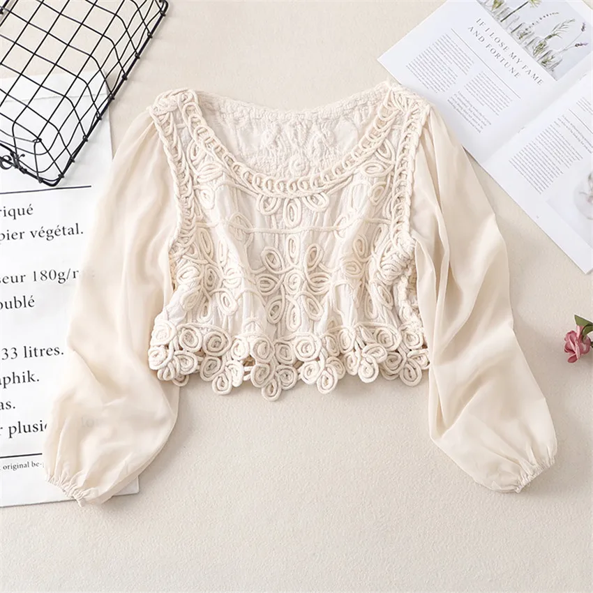 

Bohemian Chiffon Blouse Womens Tops And Blouses Boho Embroidery Crochet Crop Top Spring Long Sleeve Blusa Feminina