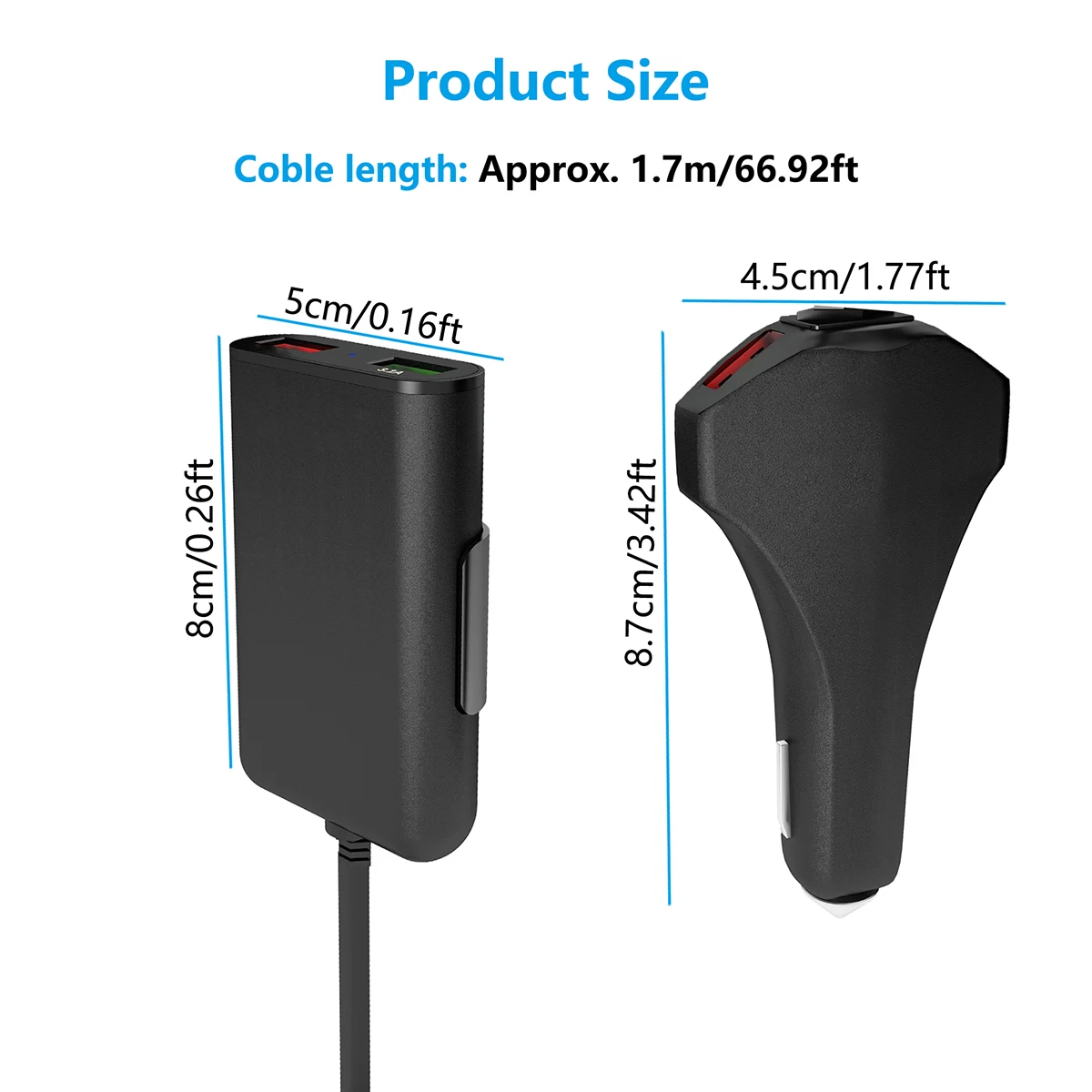Автомобильное зарядное устройство Quick QC3.0 3 1 А 4 USB-порта с удлинителем 7 м кабель