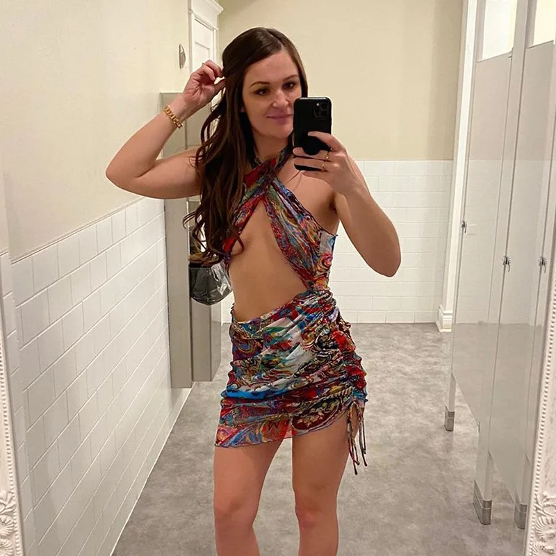 

2021 Fashion Women Hollow Out Beach Sundress Colorful Print Mini Backless Halter Cross Bandage Female Dresses Casual street Club
