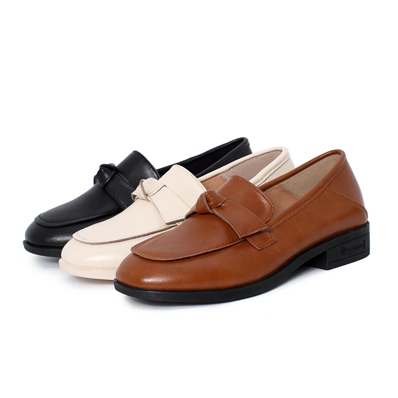 

Spring Summer New Women Shoes Bow tie Genuine Leather Women's Low Heels Slip On Footwear Female Square Toe Thick Heels Oxfords