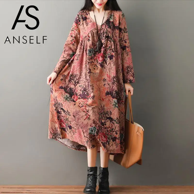 Женское платье в этническом стиле ANSELF винтажное с цветочным принтом и длинными