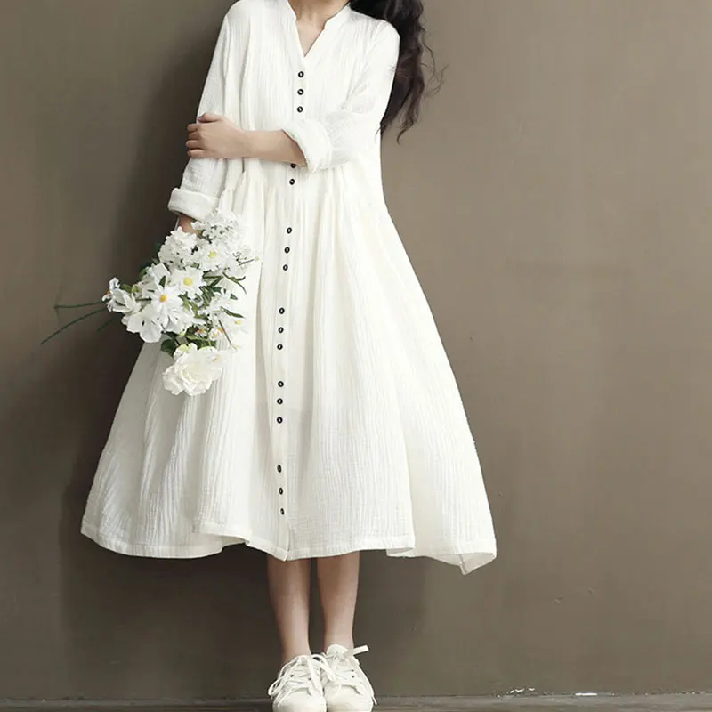 Осеннее однотонное платье рубашка винтажное женское с длинным рукавом сарафан