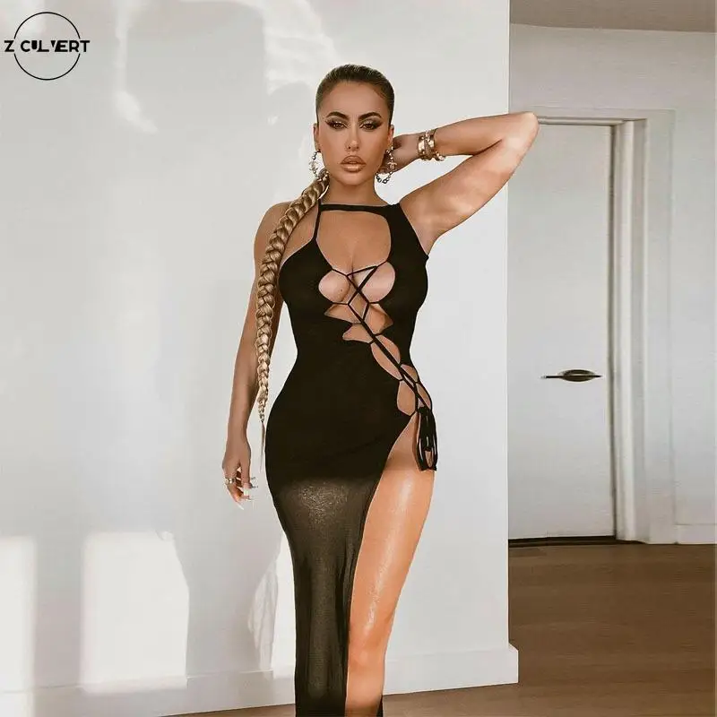 

Autumn and summer new solid color halter belt style thin hollow out high waist strap slit dress temperament commuti Hollow Out