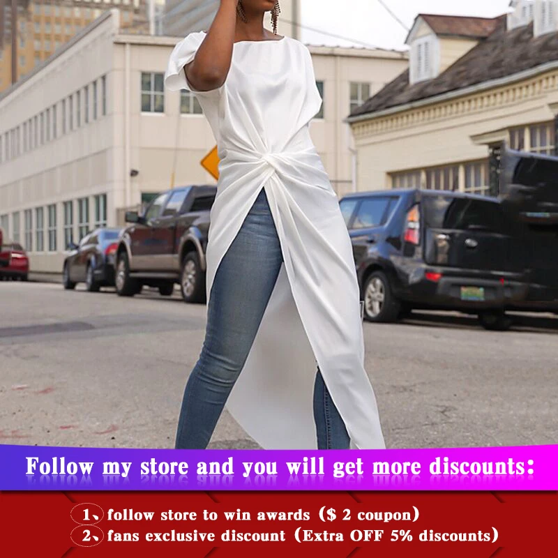 Lossky асимметричные атласные туники блузка сексуальная с разрезом элегантная