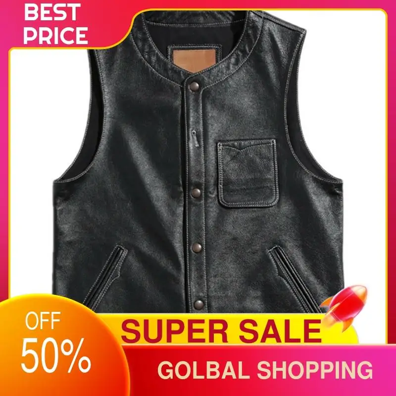 

2021 Black Japan Casual Style Genuine Leather Vest Men Single Breasted Real Natural Cowhide Slim Fit Short Spring Coat