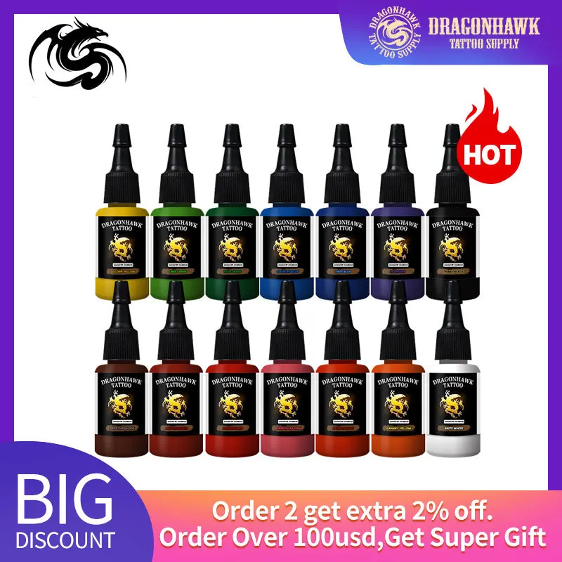 Чернила для тату dragonhawk 14-PACK основной набор цветов 0,5 oz бутылки