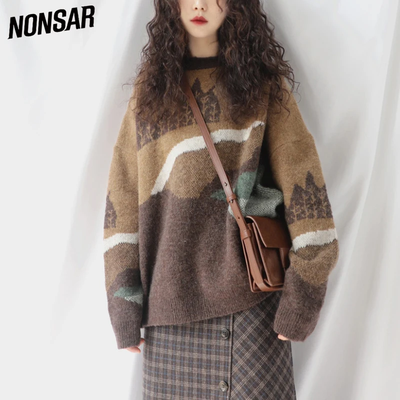 Пуловер NONSAR Свободный вязаный свитер с принтом женский осенне-зимний новый