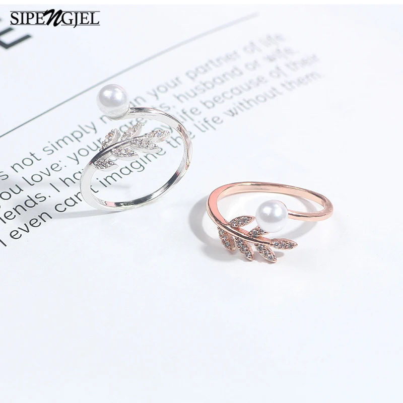 

SIPENGJEL New Fashion Cubic Zircon Leave Rings Pearl Vintage Plant Adjustable Open Rings For Women Korean Ins Jewelry 2020