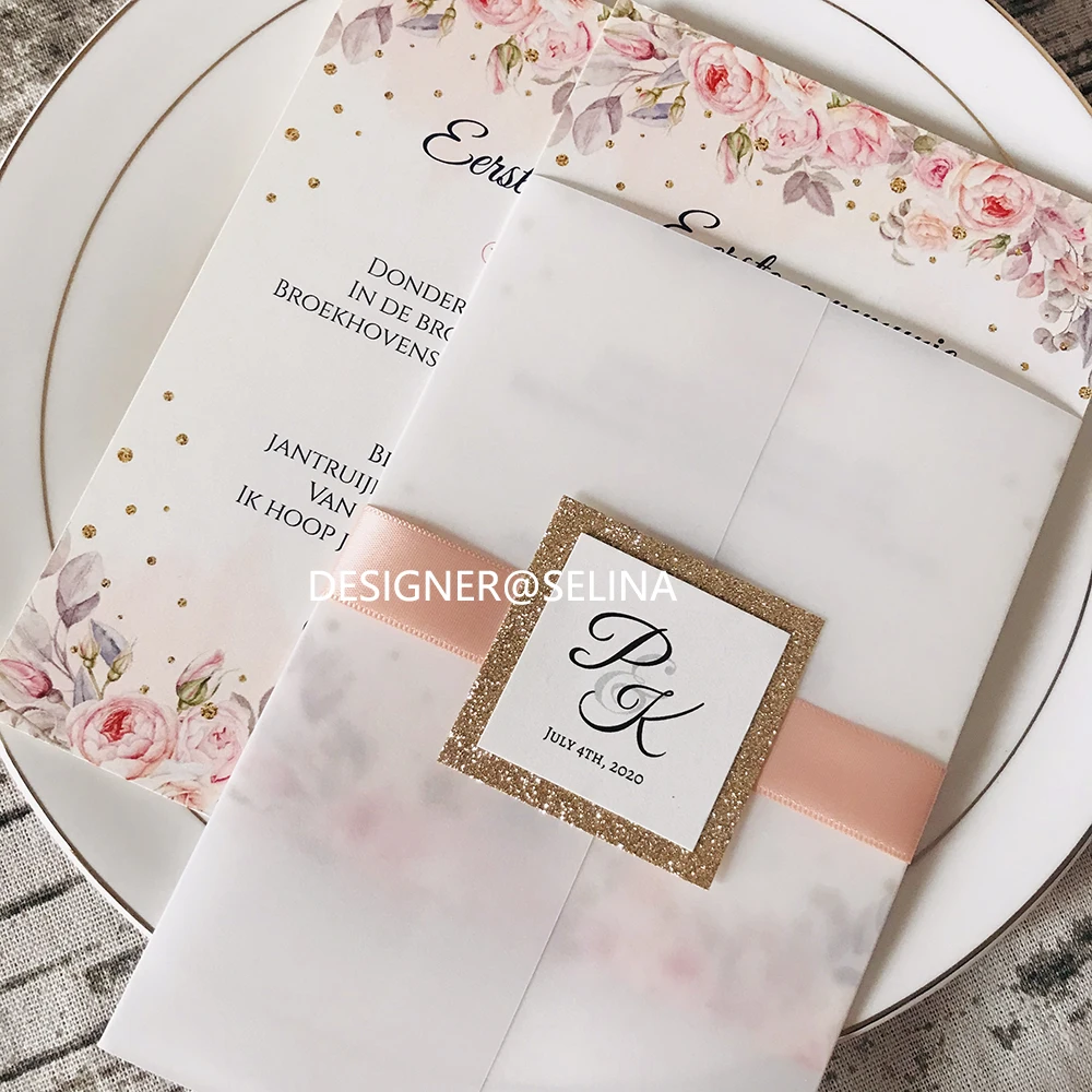 Элегантные свадебные приглашения из бархата с блестками розового золота печатью