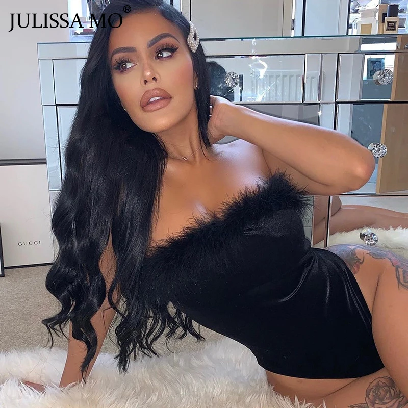 Julissa mo черное искусственное меховое перо Сексуальное Женское боди без рукавов с открытыми плечами женские бархатные без бретелек Клубные Вечерние боди