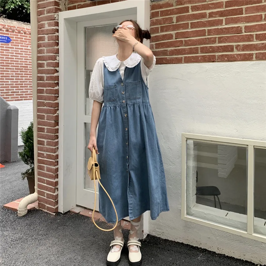 

Korean Chic Denim Sundress Women Sleeveless Suspenders Denim Dress Preppy Style Casual Jeans Dresses Summer Vestido De Mujer