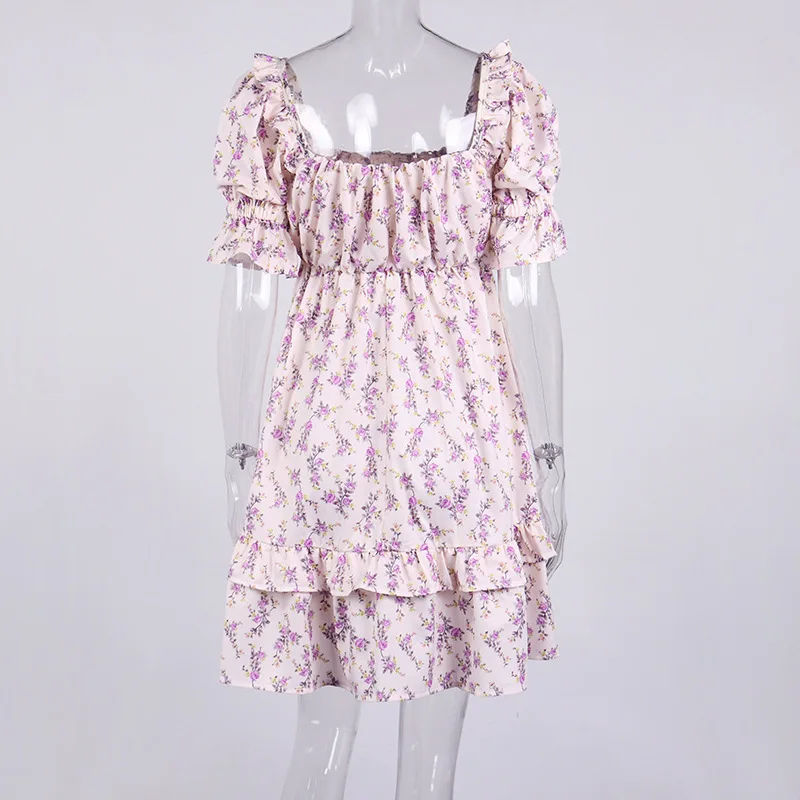 

Summer Short Puff Sleeves Sweet Floral Print Flounced Edge Ruched Square Collar Mini Dress For Women Cascading Ruffle Cute Dress