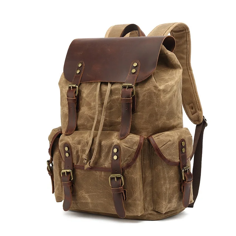 

Travel bag Cotton Oil Wax Canvas Backpack Mens Large Capacity Vintage Waterproof Backpack 15" Laptops Daypacks Rivets bookbag