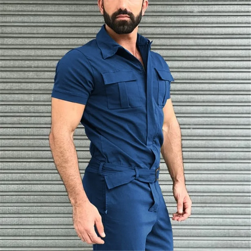 2021 Fall Men Short Sleeve Basic Work Coverall Male Pure Color Cargo Overalls Casual Street Wear Jumpsuit Men's Fashion Overalls