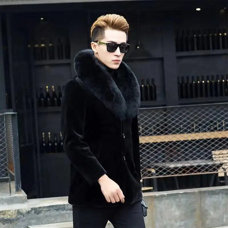 

Fur coat men's medium long Haining autumn winter large fur one man's clothing sheep sheared thickened imitation mink coat