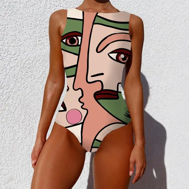 

2021 New Fashion Women One-Piece Swimsuit Women's Swimsuit European and American Abstract Pattern Printed Swimwear Beach Ins Win