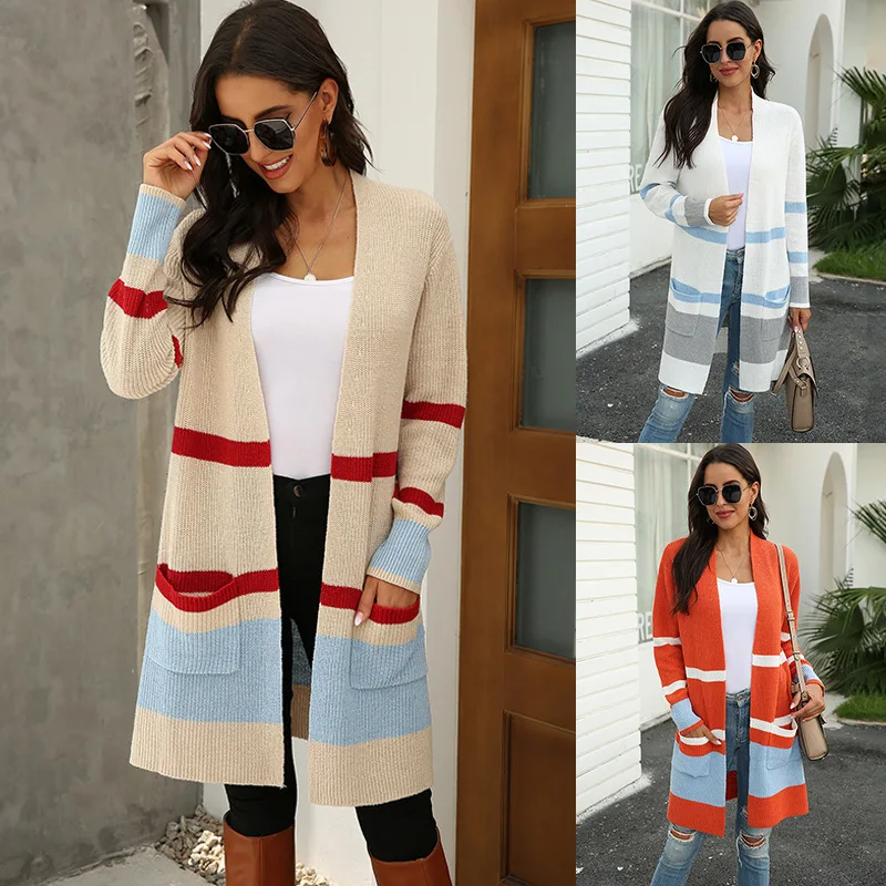 

Casual Outerwear Sweater Jacket Knitted Loose Colorblock Patchwork Pockets Knitwear Coat Autumn Cardigan Female 2021