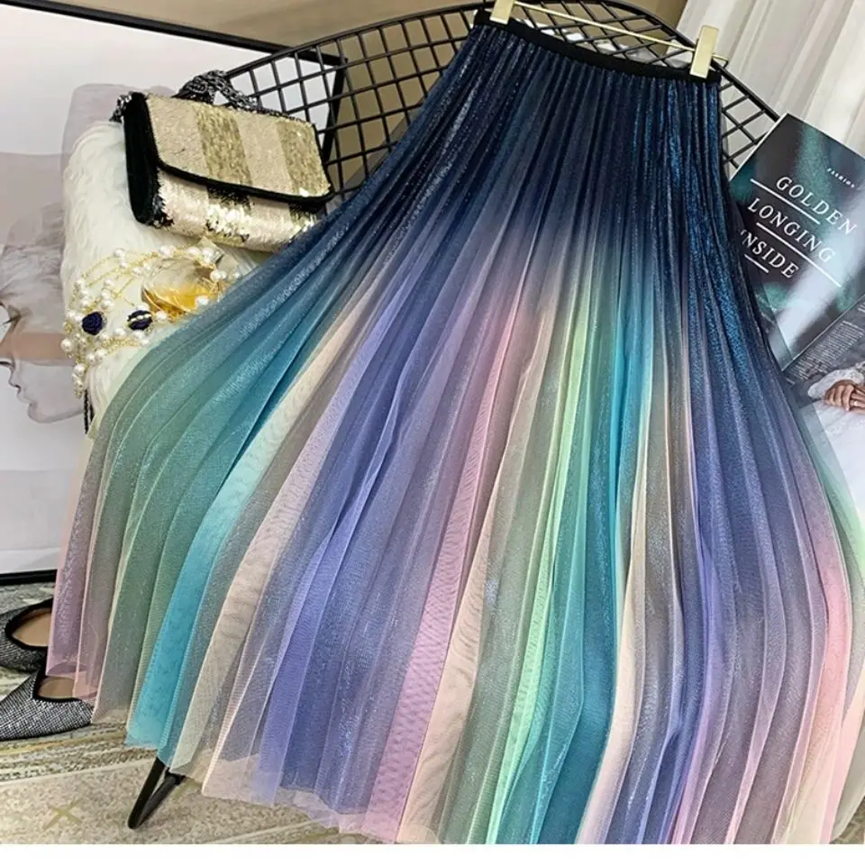 Женская плиссированная юбка-трапеция элегантная Радужная сетчатая юбка с