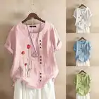 Элегантные топы с цветочным принтом, женская блузка с вышивкой ZANZEA 2022, повседневные летние блузы с коротким рукавом, Женская туника с круглым вырезом и пуговицами