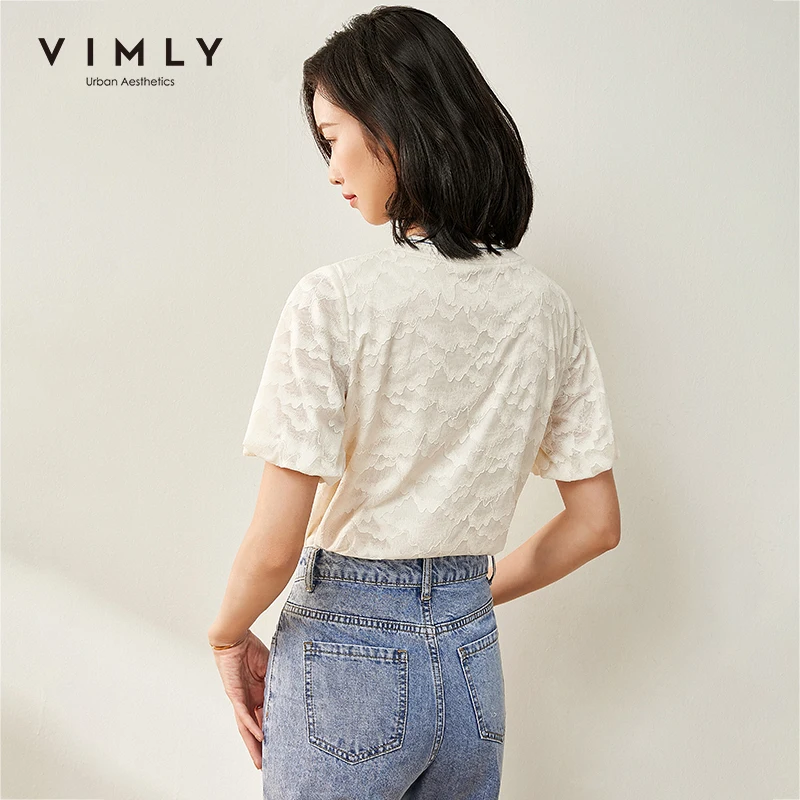 Женская кружевная блузка Vimly элегантная офисная облегающая Однотонная рубашка с